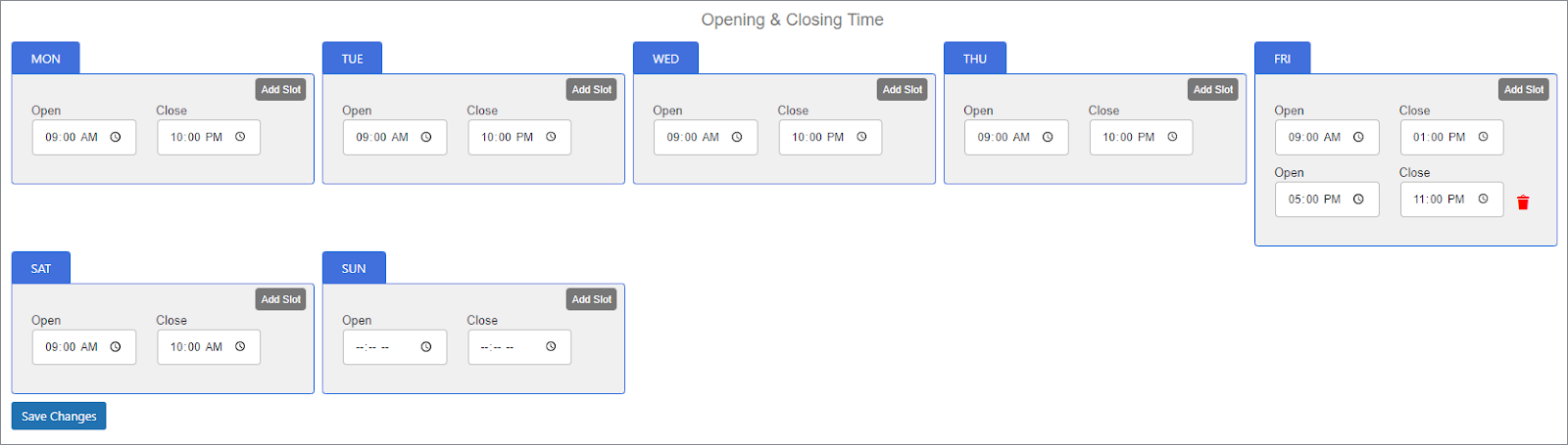 Opening and Closing Time Slots 